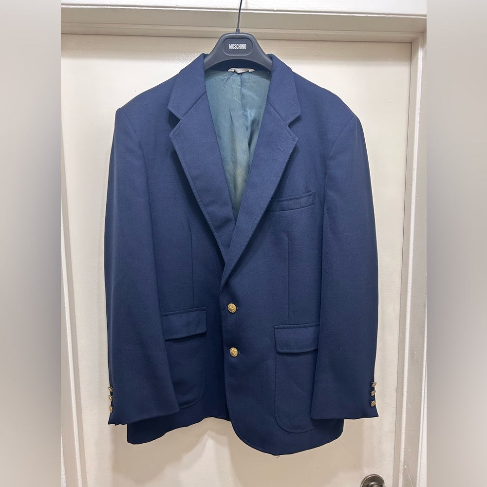 London Fog Blazer Sport Coat Mens Navy Blue Size 44R 80s USA Gold Button Vintage